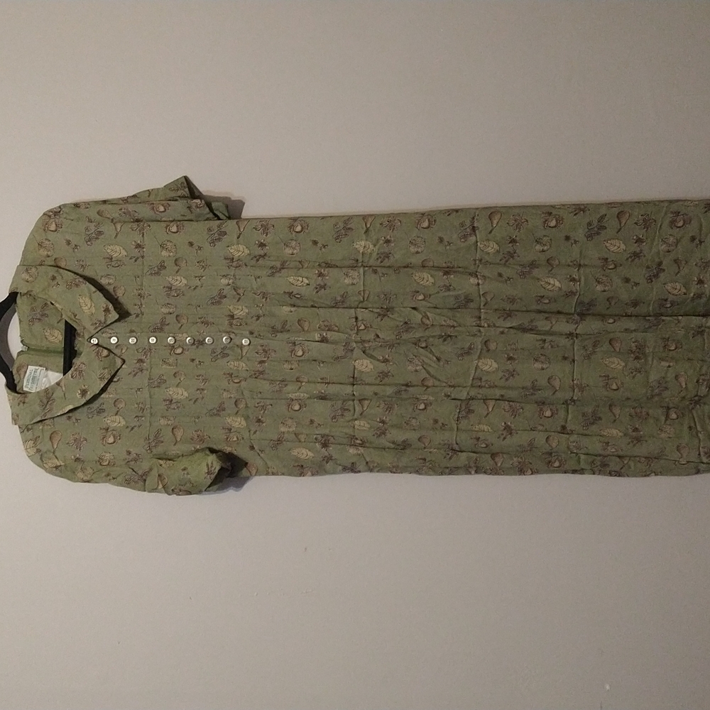 Olive green with pear and Leaf motif cottagecore midi dress
